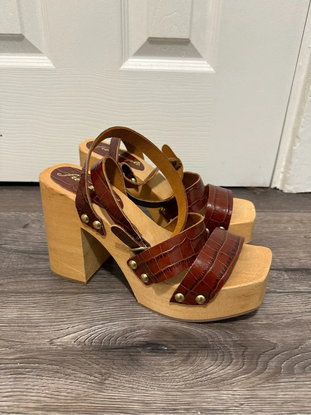 Free People Brown Leather Wood Platform Sandals Size 39